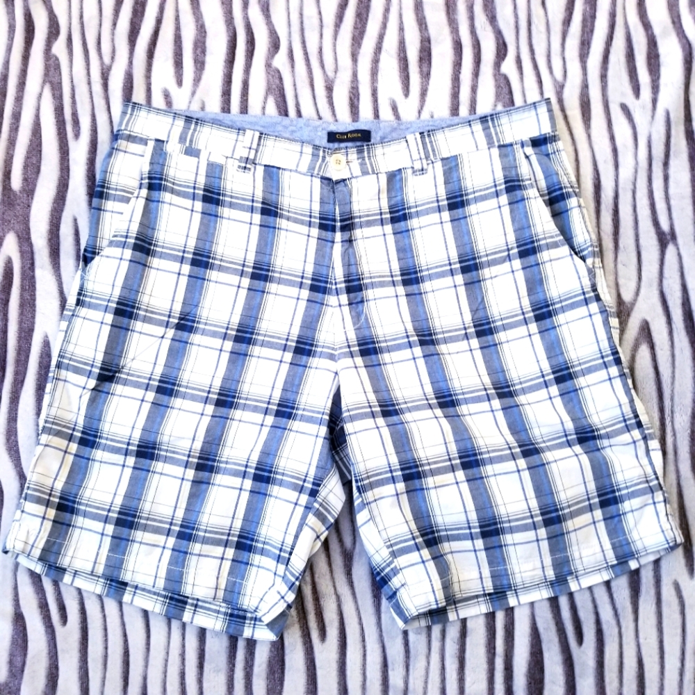 Club Room Mens Shorts 100% Cotton Blue Plaid Flat Front Pockets Size 38
